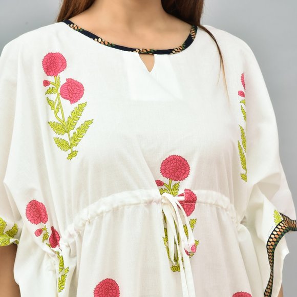 Hand Block Printed Cotton Kaftan Plus Size Tunic Floral Long Caftan - Picture 2 of 6